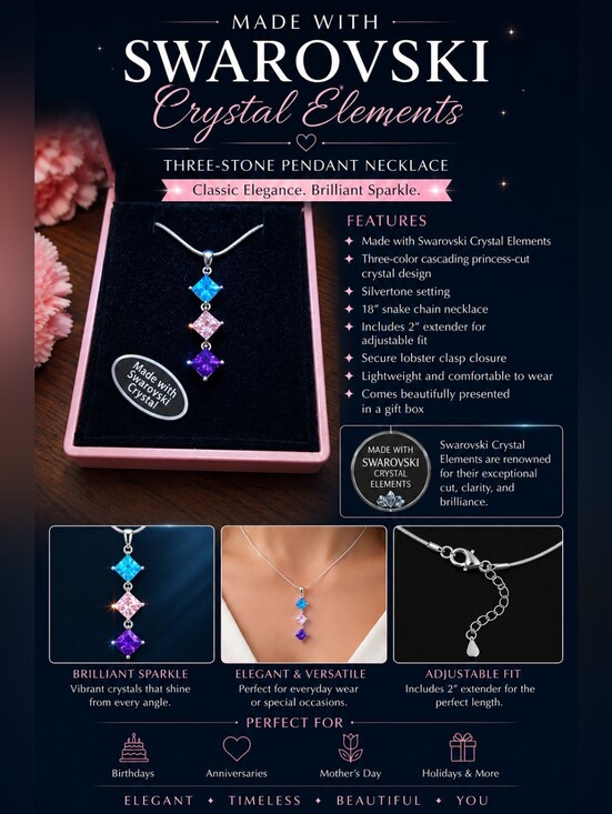 mimilanefasion Jewelry - Swarovski Three-Stone Pendant Necklace in Blue, Pink & Purple